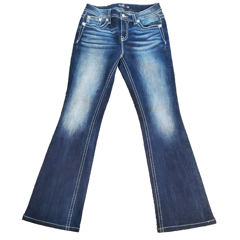 Miss Me Jeans Women's 29x31 Mid Rise Boot Cut Distressed/ Embellished Pockets